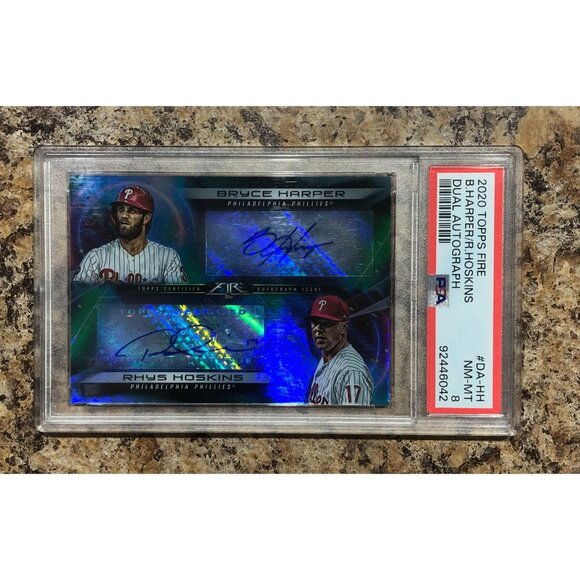 2020 Topps Fire Bryce Harper & Rhys Hoskins Dual AUTO 9/10 PSA 8 - Picture 1 of 3